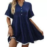 V Neck Solid Color Dress with Ruffled Hem for Beach Vacation Casual Wear in Blue Available in S to XL Wholesale