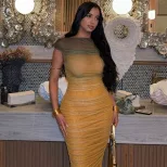 Color Block Gradient Ruched Bodycon Dress Elegant Long Silhouette Round Neck Slim Fit Perfect fo