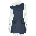 A Line Dress Waist Defining Pleated Asymmetrical Neckline Fashionable Casual Wear Wholesale Avai