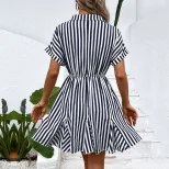 Ruffled Hem Striped Dress Waist Adjustable Shirt Collar Versatile Design Perfect for Casual Outi