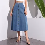 High Waisted Denim Midi Skirt Button Detail Trendy Design Casual Style Wholesale Availability