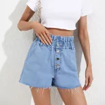 High Waisted Loose Fit Denim Shorts Frayed Hem Fashionable Style Womens Casual Wear Ready to Shi