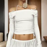 Off Shoulder Long Sleeve Top Sexy Cropped Adjustable Tie Versatile for Fall Fashion Wholesale Av