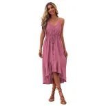 Cotton Linen Midi Dress Solid Color Romantic Sweet Summer Style Perfect for Casual Outings Whole
