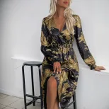 Vintage Party Dress V Neck Long Sleeve Gold Foil Detail Elegant Style for Special Occasions Whol