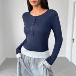 Casual Color Block Long Sleeve Top for Women Slim Fit Round Neck Comfortable Fabric Perfect for