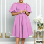 A Line Dress Round Neck Puff Sleeves Waist Defined Flowy Hem Elegant Evening Wear Wholesale Avai