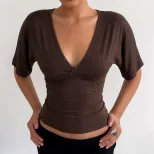 Womens Summer T Shirt Solid Color Slim Fit Deep V Neck Short Sleeve Versatile Casual Wear Wholes