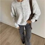 Womens Vintage Grey Wool Cardigan Soft Knit Versatile Button Closure Casual Wear Fall Winter Who