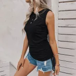 Womens Sleeveless Solid Color T Shirt Round Neck Knitted Button Detail Versatile Summer Top Whol