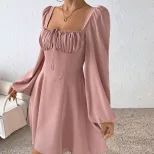 A Line Dress Waist Defined Puff Sleeves Square Neck Sweet Style for Autumn and Winter Wholesale
