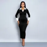 Elegant Mid Length Bodycon Dress Sexy V Neck Slim Fit Color Block Design Perfect for Parties and
