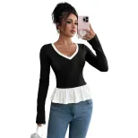 Color Block Long Sleeve T Shirt Slim Fit Lace Detail Round Neck Spring Summer Casual Wear Wholes