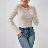 Casual Fitted Sweater Solid Color Round Neck Long Sleeve Autumn Winter Wear Ready to Ship low MO