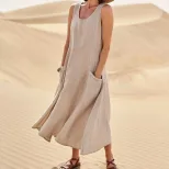Summer Womens Cotton Linen Dress Sleeveless Round Neck Pocket Design Casual Wear for Everyday Us