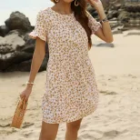 Floral Print Ruffle Hem Dress Sweetheart Neckline Short Sleeves Summer Style Perfect for Vacatio