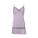 Lace Trim Pleated Dress V Neck Sleeveless Elegant Design Spring Summer Fashion for Women Wholesa