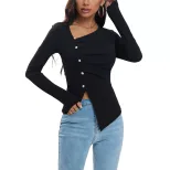 Womens Knitted Top Wrinkle Design Button Detail Asymmetrical Style Autumn Winter Fashion Wholesa
