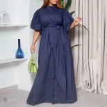 Fashionable Summer Long Dress Loose Fit Belted Single Breasted Flared Sleeves Perfect for Casual