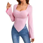 Womens Knit Long Sleeve T Shirt Slim Fit Asymmetrical Hem Heart Shaped Neckline Spring Summer Fa