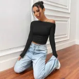 Slim Fit Asymmetrical Long Sleeve Womens T Shirt Versatile Design Pleated Detail Spring Summer S