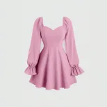 Pink Sweetheart Puff Sleeve Mini Dress Square Neck Waist Defining Flattering Fit Spring Summer F