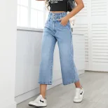 High Waisted Wide Leg Jeans Straight Cut Cropped Length Denim Fabric Casual Wear for Women Whole