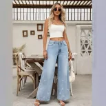 Womens Low Rise Straight Leg Rhinestone Embellished Wide Leg Jeans Casual Chic Style Wholesale A
