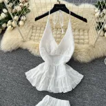 White Summer Vacation Set for Women Lace Trim Halter Neck Top and Chiffon Skirt Casual Beachwear