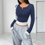 Casual Color Block Long Sleeve Top for Women Slim Fit Round Neck Comfortable Fabric Perfect for