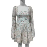 French Vintage Floral Puff Sleeve Dress Square Neck Autumn Collection Elegant Style Wholesale Av