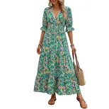 Abstract Print V Neck Midi Cake Dress Ethnic Style Short Sleeve Vacation Ready Wholesale Availab