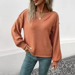 Womens Lantern Sleeve Sweater Solid Color Retro Style Autumn Winter Casual Wear