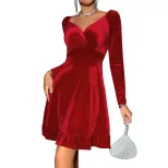 Elegant Red V Neck Dress Autumn Winter Fashion Versatile Style Short Length Wholesale Availabili