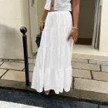 White Ruffled Drawstring Maxi Skirt Sweet Style Flowy Design Summer Wear Wholesale Womens Fashio
