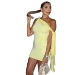 Fashionable Solid Color Ruched Bodycon Dress Off Shoulder Tie Detail Casual Style Perfect for Da