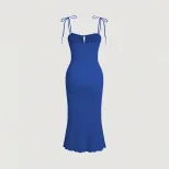 Bodycon Mermaid Maxi Dress Adjustable Drawstring Spaghetti Straps Elegant Fit Perfect for Vacati