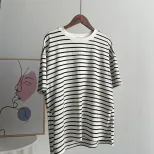 Striped Split Hem T Shirt for Women Loose Fit Short Sleeve Summer Style Casual Wear Wholesale Av