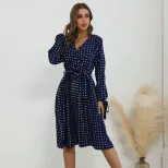 Lace Long Sleeve Blue Polka Dot Dress Elegant Design Comfortable Fit Autumn Winter Style Wholesa