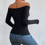 Slim Fit Long Sleeve Knit T Shirt Off Shoulder Neckline Elegant Style Comfortable Fabric Perfect