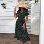 Vintage Polka Dot V Neck Midi Dress Womens Fashion Retro Style Comfortable Fit Perfect for Sprin