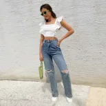 Womens Ruffled Sleeve Backless T Shirt Sweet and Fresh Design Square Neck Sleeveless Casual Wear