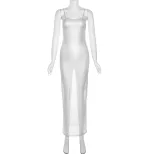 Sexy Sheer Bodycon Dress Silver Foil Detailing Spaghetti Straps Trendy Nightclub Style Spring Su