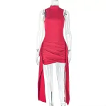 Fashionable Womens Bodycon Dress Ruffled Color Block Tie Detail Casual Short Sleeve Stand Collar