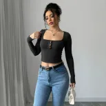 Long Sleeve Cropped T Shirt Sexy Slim Fit Square Neck Stretch Fabric Autumn Fashion for Women Wh