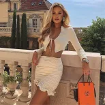 Spring Autumn Womens Casual Set Long Sleeve Cardigan with Tie High Waist Bodycon Skirt Chic Styl