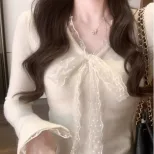 Apricot Lace Bow V Neck Long Sleeve T Shirt for Women Soft Fabric Irregular Hem Spring Layering Top