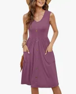 Sleeveless V Neck Dress Solid Color Button Pocket Casual Style Perfect for Summer Events Wholesa