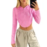 Womens Slim Fit Short Sports Hoodie Long Sleeve Zipper Closure Lightweight Fabric Spring Summer