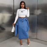 High Waisted Denim Skirt European and American Style Bow Design Color Block Casual Wear for Wome